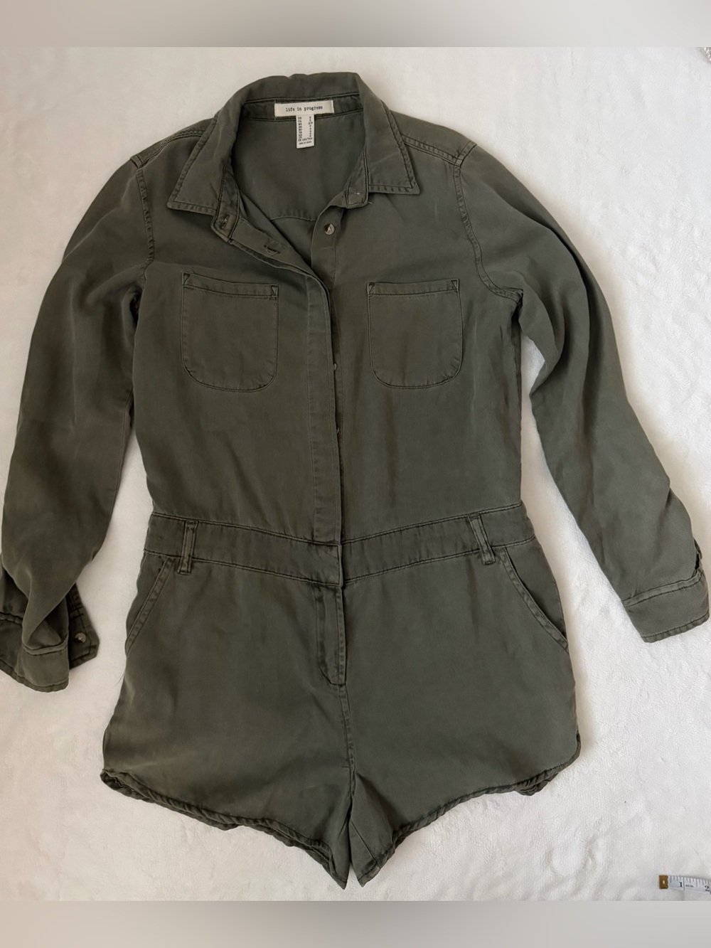 Life in Progress Olive Green Utility Romper Lyocell Safari Military Small